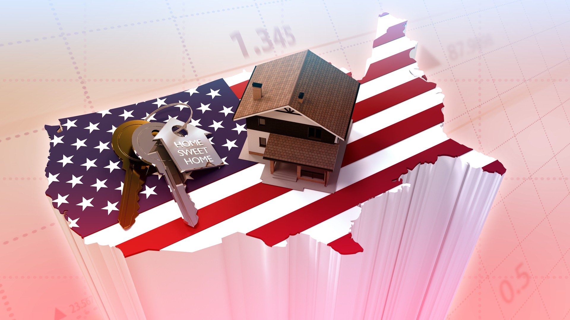 House on the map of USA in colors of US flag. Search a house for buying or rent concept. Real estate development in USA.
